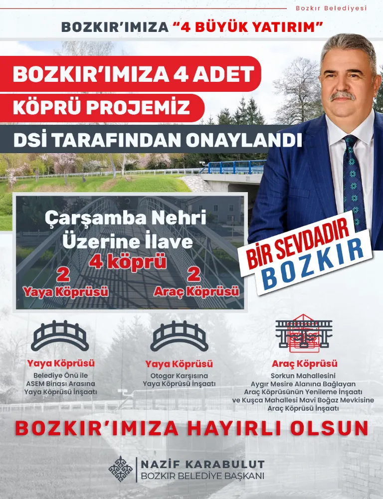 BOZKIR ÇARŞAMBA ÇAYI ÜZERİNE 4 YENİ KÖPRÜ DAHA KAZANDIRILIYOR